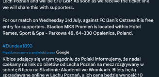KOMUNIKAT Dundee FC ws. cen na wyjazdowy sparing z Lechem Poznań we Wronkach... xD